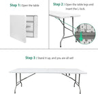 8 Foot Folding Table 96 inch Heavy Duty 8ft Plastic Portable Foldable Table with Handle Indoor Outdoor White 8' Dining Table for Picnic, Party and Camping