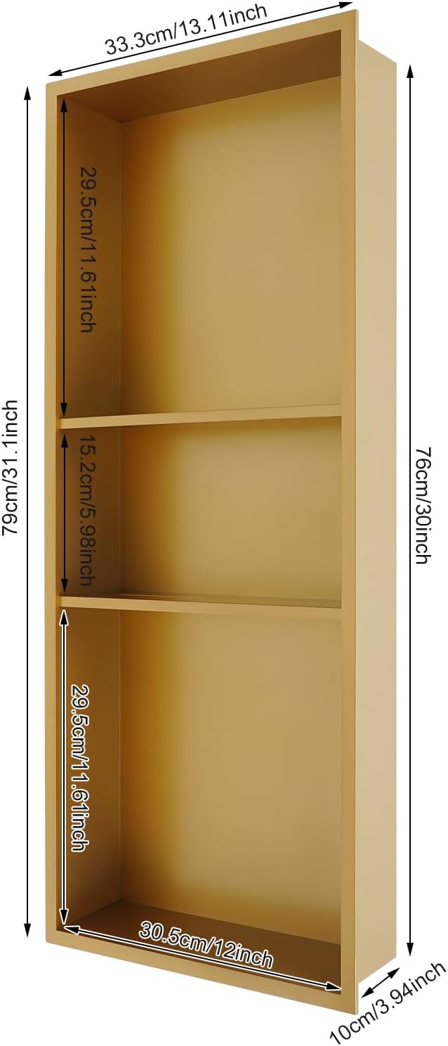 13" X 31" Stainless Steel Shower Niche, Rimless Bathroom Wall Niche with 3-Tiers Shelf, Recessed Stainless Steel Waterproof Tile Ready Shower Cubby for Bathroom Storage Organizer