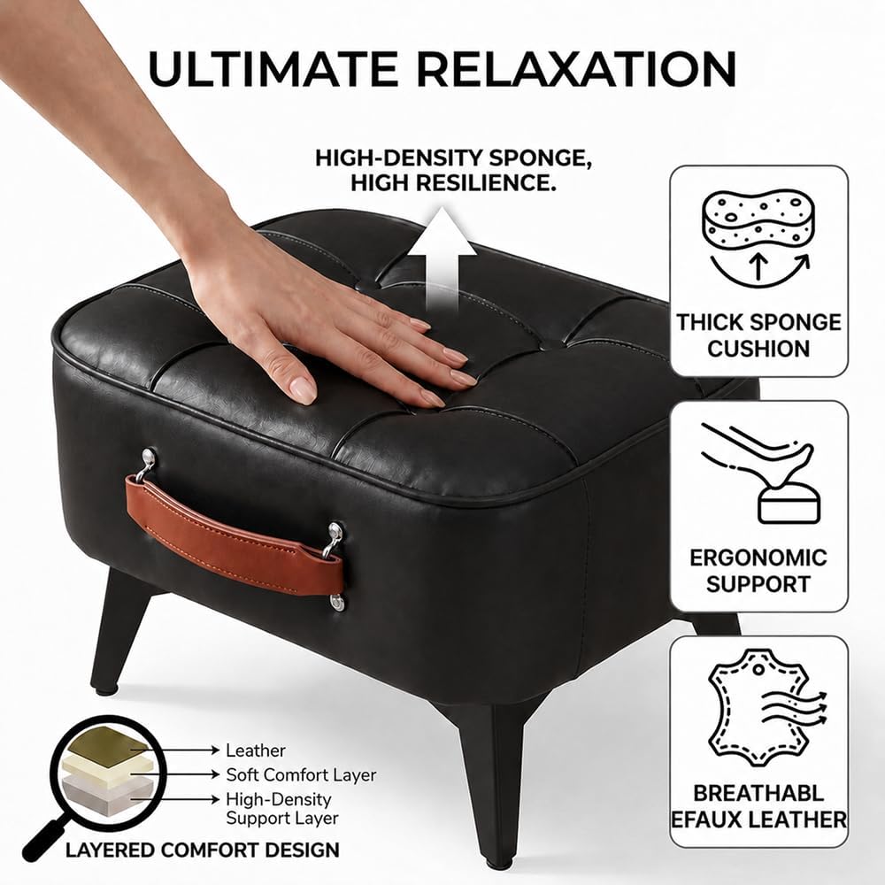 Vintage Style Faux Leather Ottoman Footstool - Wooden Frame, Upholstered Inte...