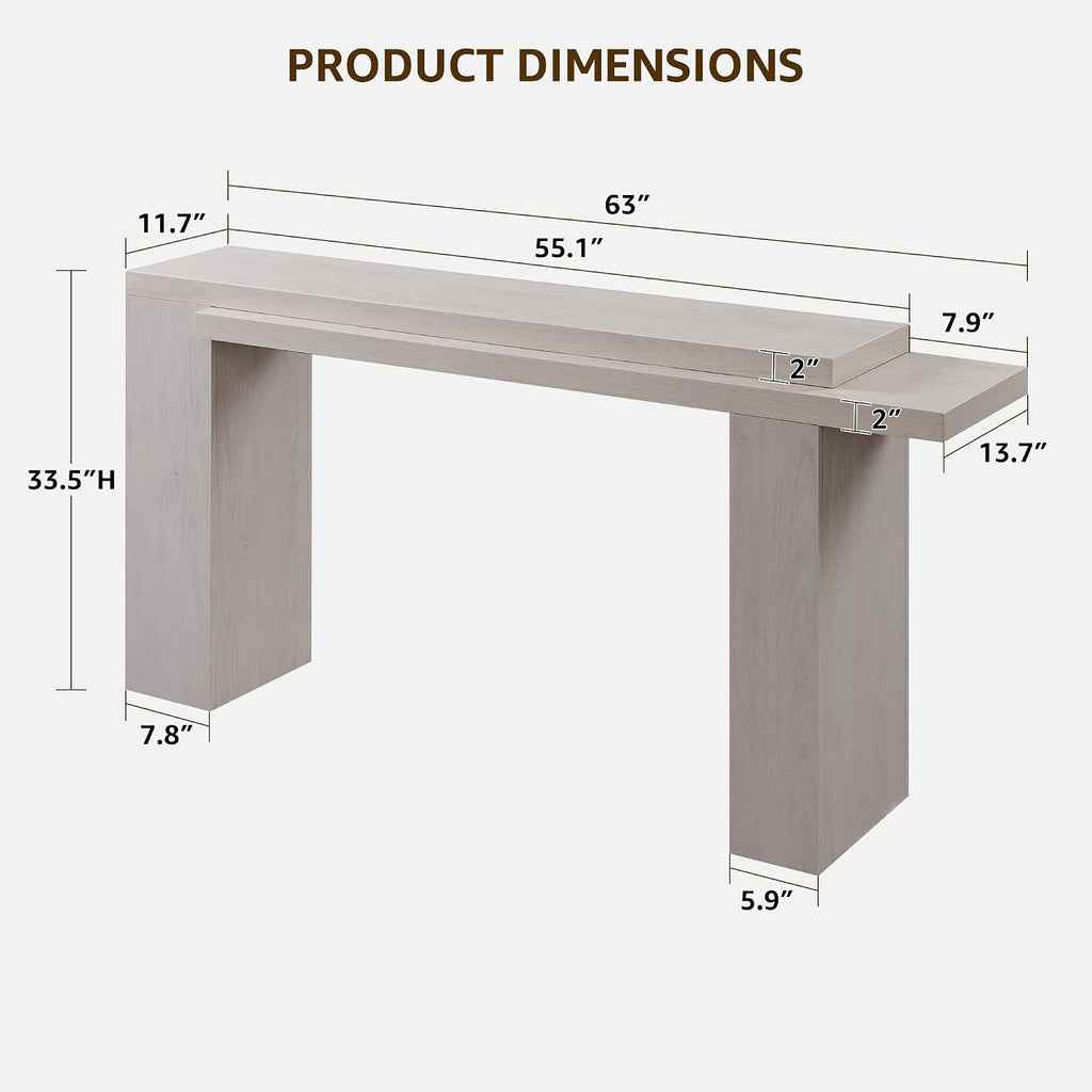 OKD 63" Modern Geometric Console Table with Layered Top, White Alder | Extended Layered Top, Sturdy Support Legs, Entryway, Hallway, Foyer, Living room, Behind Sofa
