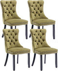 Velvet Dining Chairs Set of 4, Tufted Upholstered Wingback with Back Ring Pull Trim, Solid Wood Legs (Olive Green) for Dining, Living, Kitchen