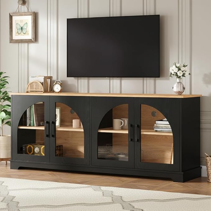 Farmhouse TV Stand with Adjustable Shelves for TVs up to 70'', Entertainment Center with Semi-Arched Glass Doors, Wood Grain Sideboard with Cable Management for Living Room, Black