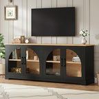 Farmhouse TV Stand with Adjustable Shelves for TVs up to 70'', Entertainment Center with Semi-Arched Glass Doors, Wood Grain Sideboard with Cable Management for Living Room, Black