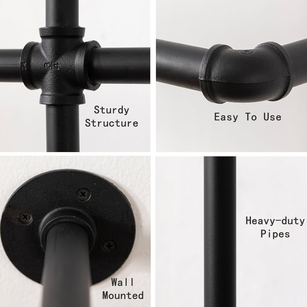 Industrial Pipe Clothing Rack - Wall Mounted Garment Rack as Walk-in Closet System. Sturdy Open Wardrobe for Hanging Clothes - Heavy Duty Clothes Rack with Four Hanging Rods for Home