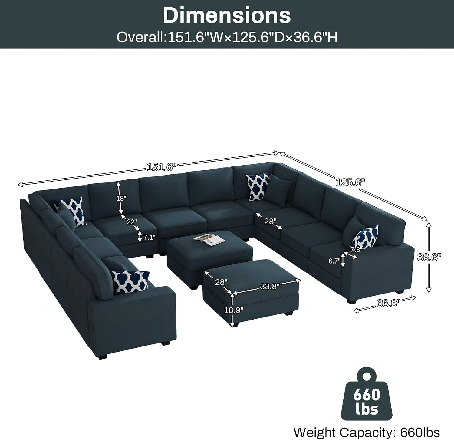Legend Vansen Oversized Modular Sectional Sofa,U/L‑Shaped Reversible Couch with Ottoman,Deep Seat Plush Polyester Sofa for Living Room,13‑Seater,Charcoal
