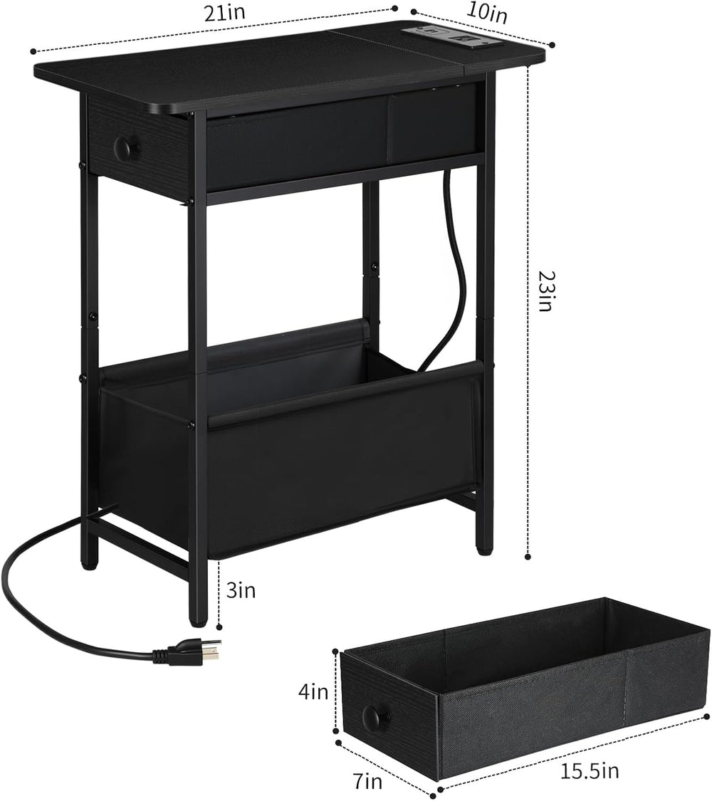 Long Narrow Side Tables Set of 2 with Charging Station, Slim Nightstand with ...