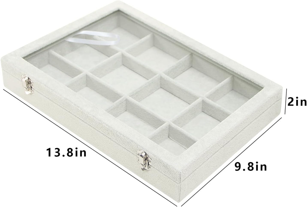 Coward Jewelry Organizer Tray Box, Grey Beige Velvet 12 Grids Bracelet Bangle Necklace Jewelry Display Tray Case with Transparent Glass Lid for Home Desk Drawer or Store Selling Show