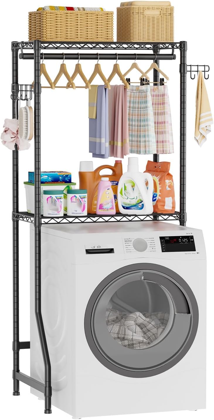 Golpart Over Washer and Dryer Shelves,2 Tier Adjustable Height Wire Shelving Laundry Room Storage Organization Clothes Drying Rack with Hanger Rod&Hooks,Space Saving Organizers Shelf,Black