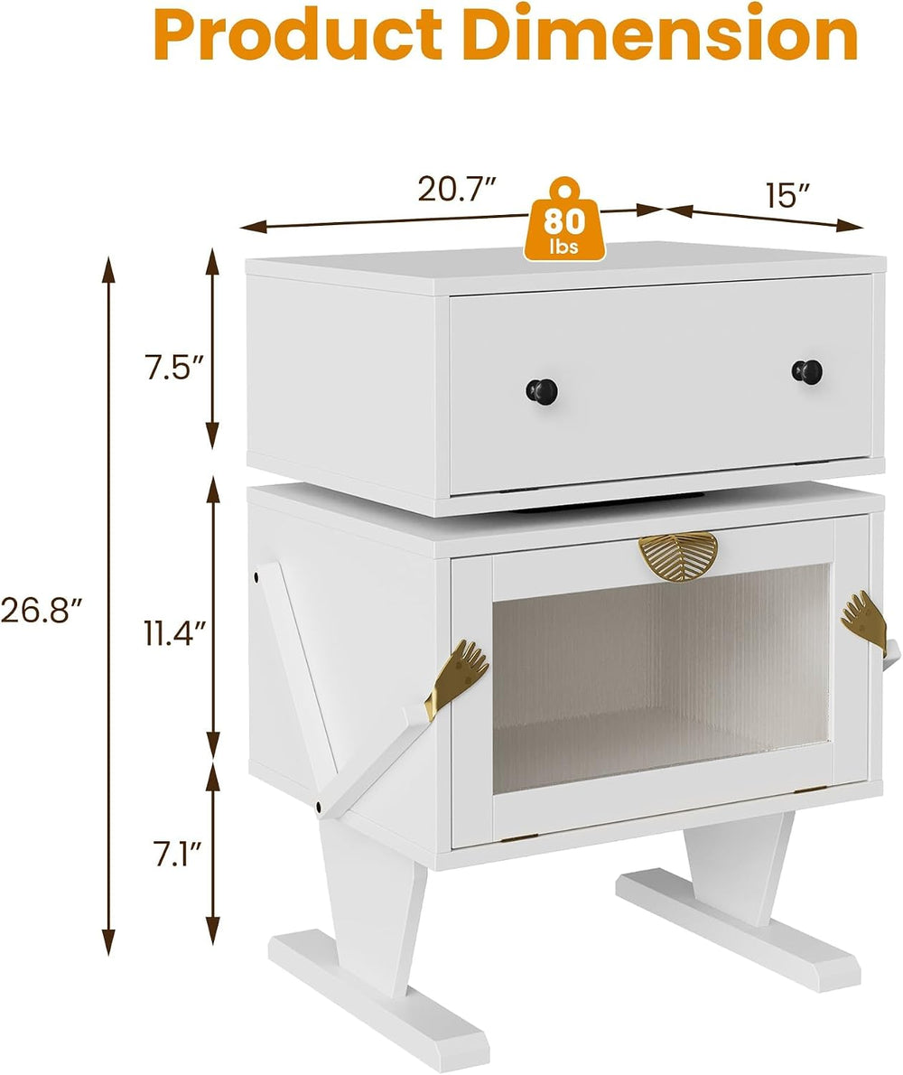 RoyalCraft Large Nightstand with LED Lights, White Robot Nightstand | End Tab...
