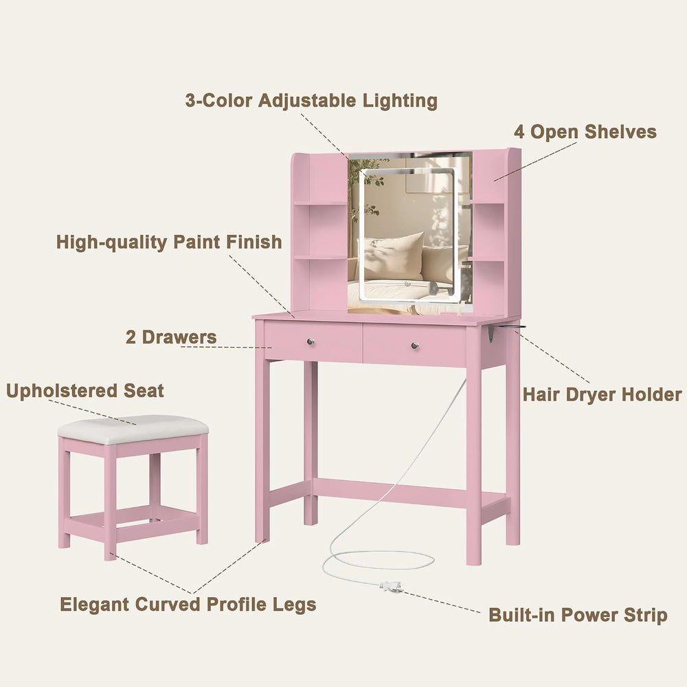 Vanity Desk with LED Mirror, 3 Lighting Modes and Chair | Small Makeup Vanity...