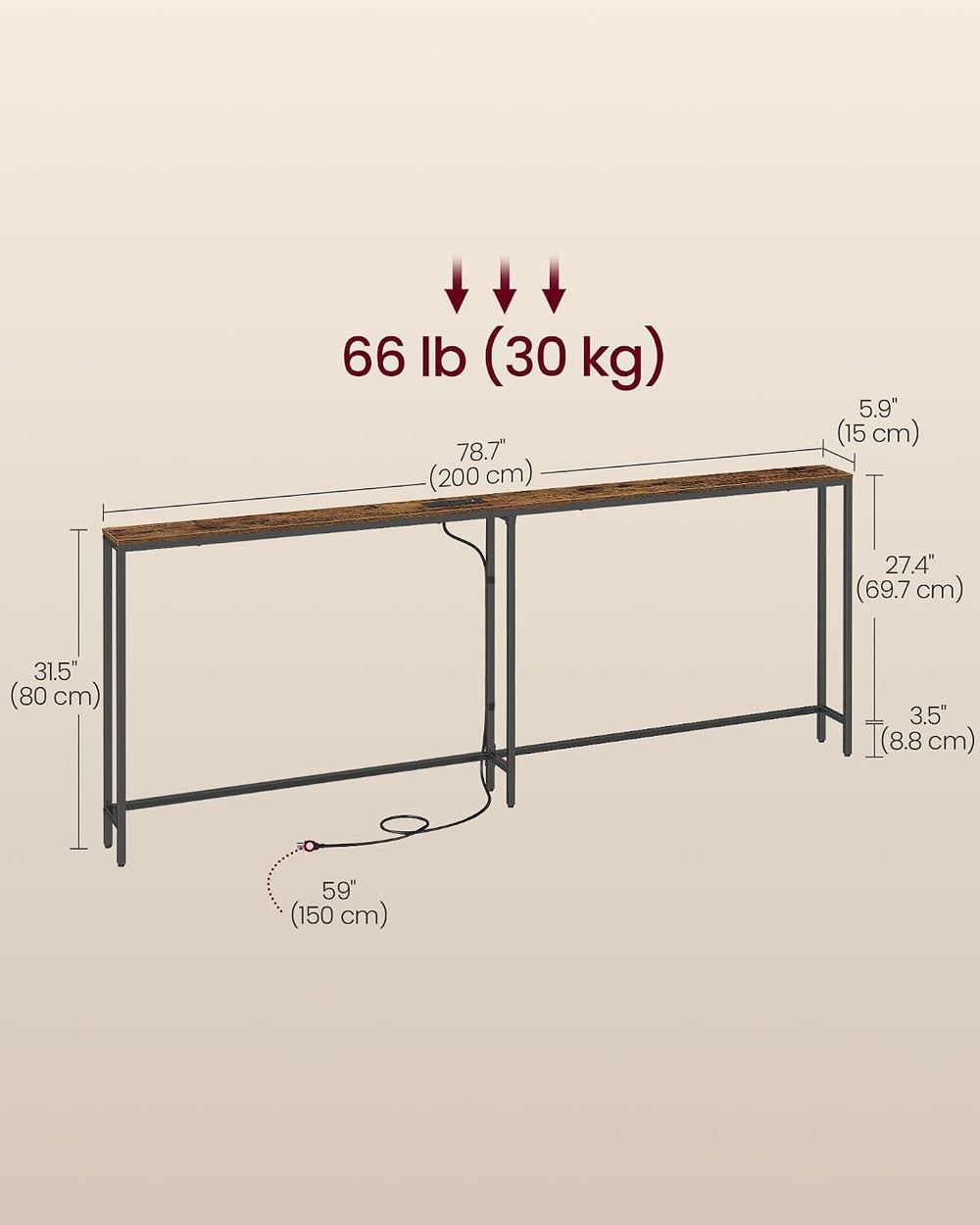 VASAGLE Narrow Console Table with Power Outlet, Behind Couch Sofa Tables, Eas...
