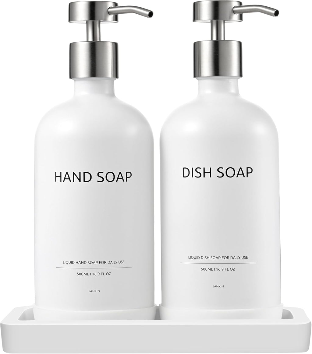 Glass Kitchen Soap Dispenser Set with Ceramic Tray,16.9 floz Hand and Dish Soap Dispenser for Kitchen and Bathroom Decor (White Bottles + Silver Pumps)