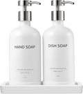Glass Kitchen Soap Dispenser Set with Ceramic Tray,16.9 floz Hand and Dish Soap Dispenser for Kitchen and Bathroom Decor (White Bottles + Silver Pumps)
