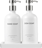 Glass Kitchen Soap Dispenser Set with Ceramic Tray,16.9 floz Hand and Dish Soap Dispenser for Kitchen and Bathroom Decor (White Bottles + Silver Pumps)