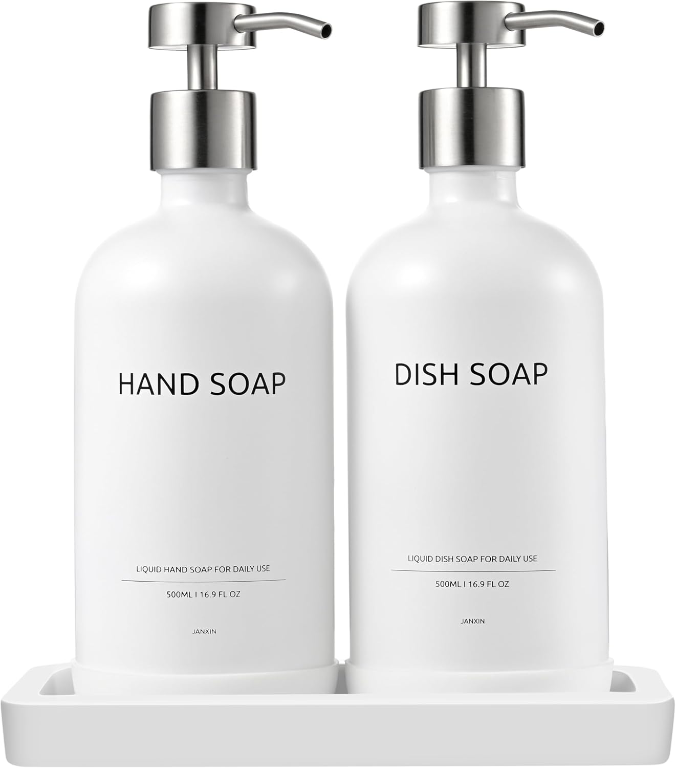 Glass Kitchen Soap Dispenser Set with Ceramic Tray,16.9 floz Hand and Dish Soap Dispenser for Kitchen and Bathroom Decor (White Bottles + Silver Pumps)