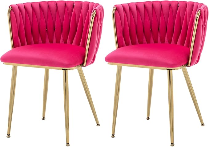 Velvet Dining Chairs Set of 2, Modern Upholstered Dining Chairs with Gold Metal Legs for Dining Room, Vanity, Kitchen, Living Room(Rose Red)