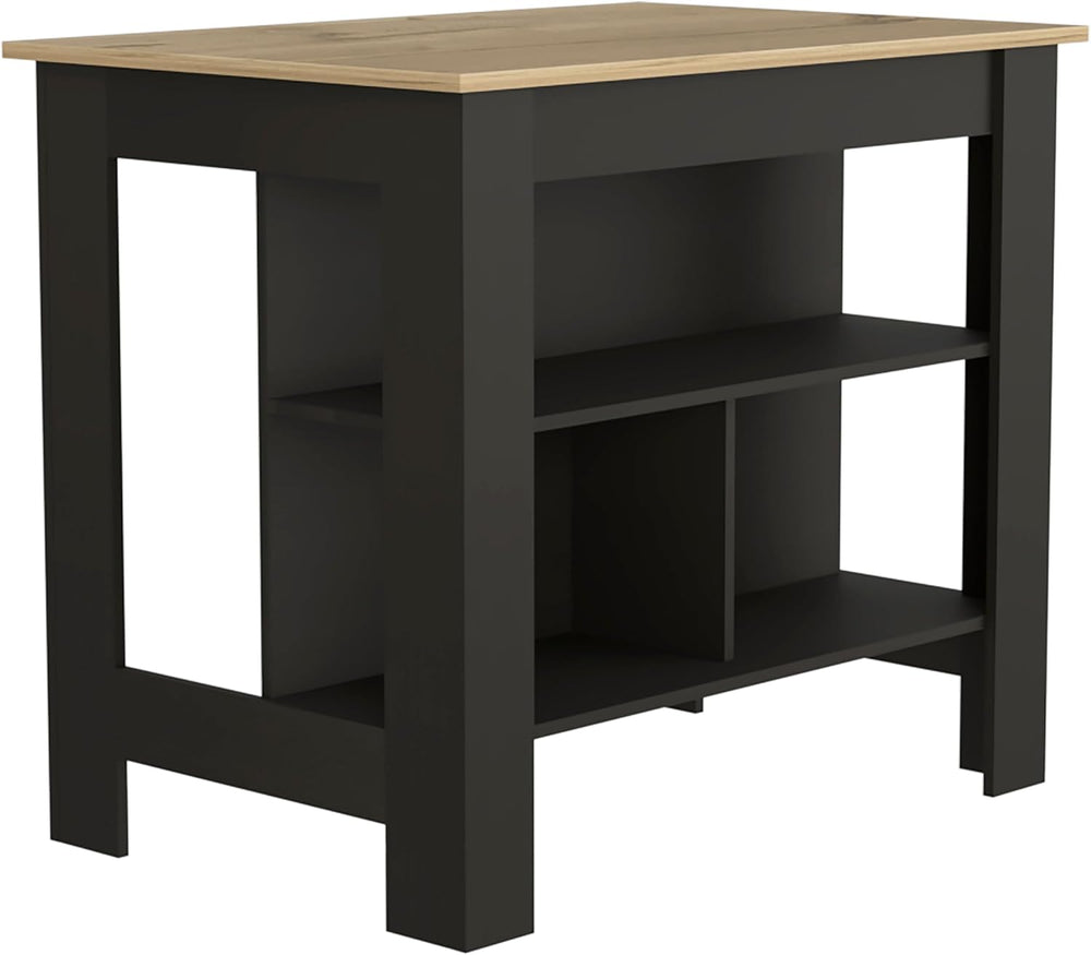 Kitchen Island with Open Shelves, Black and Light Oak, 103 cm | 3 Storage She...