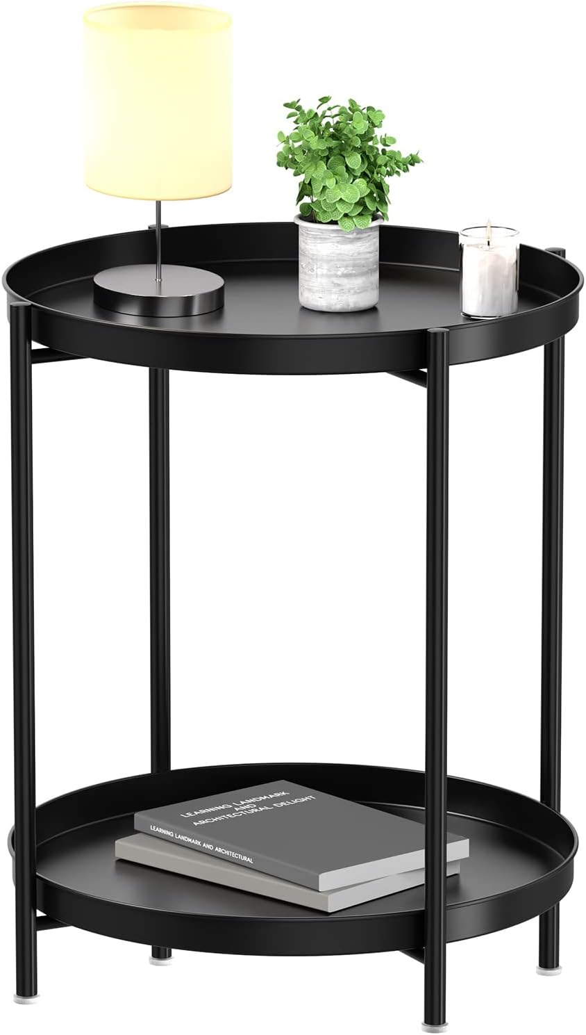 EKNITEY 2 Tier End Table - Metal Side Table Waterproof Small Sofa Coffee Side...