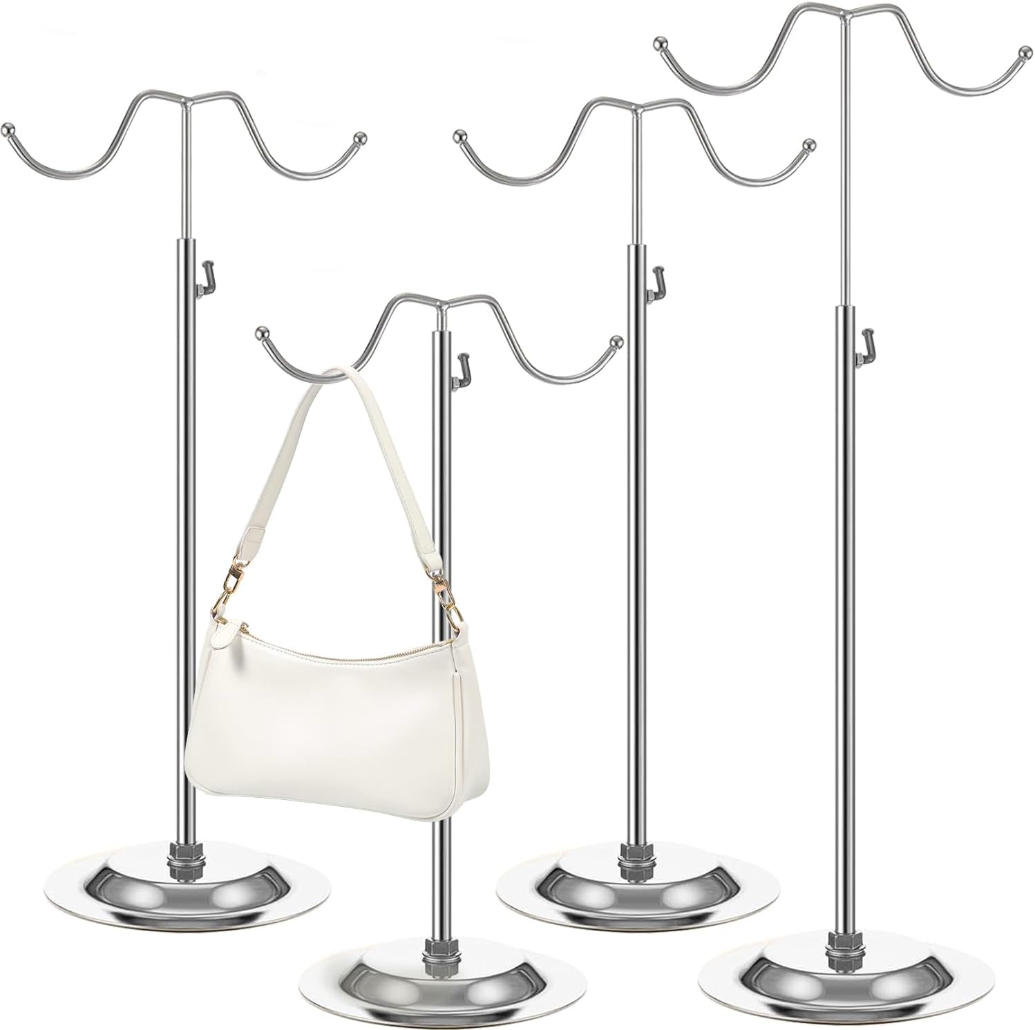4 PCS Handbag Display Stands Adjustable Purse Display Stand Stainless Steel Double Hook Bag Display Stand Holder for Home Boutiques Store Counter Retail, Silver