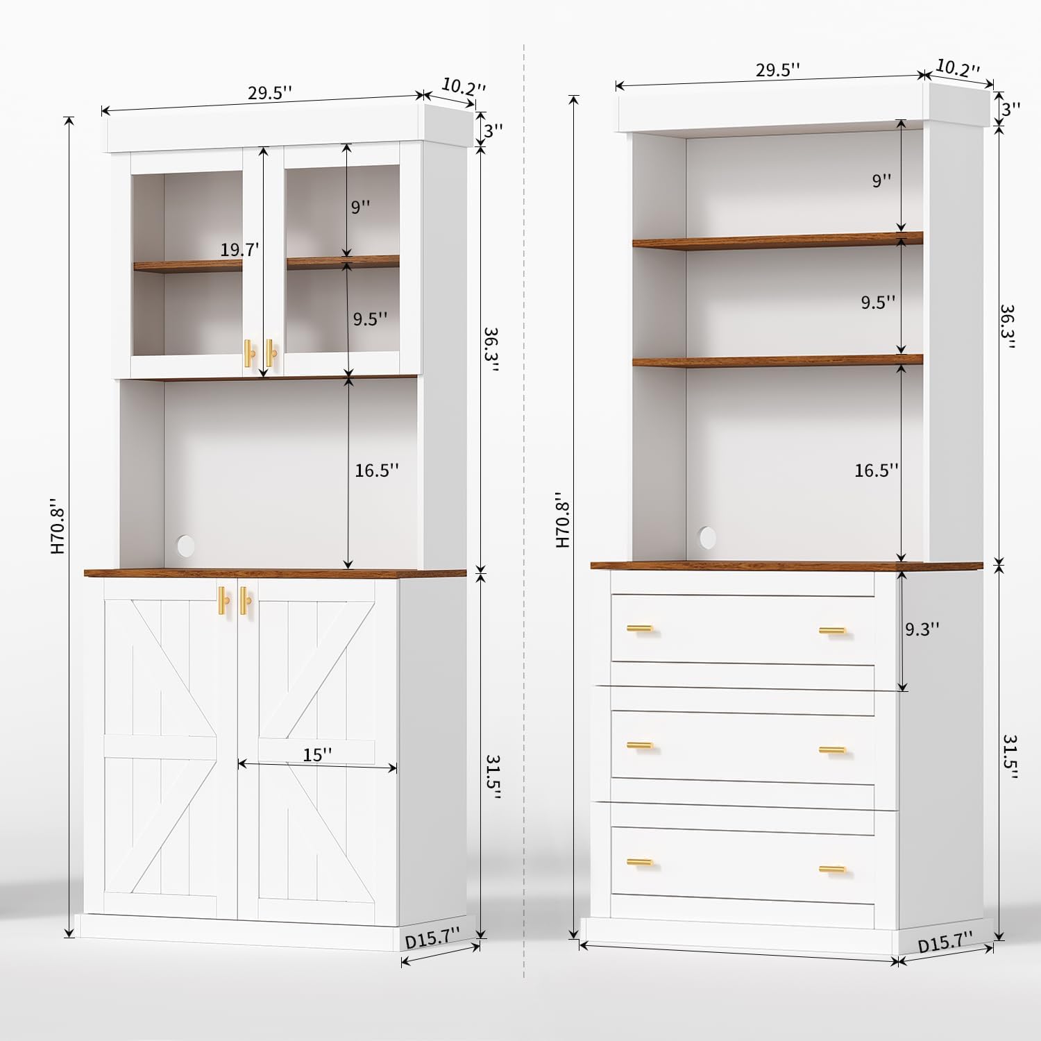 Farmhouse Kitchen Pantry Cabinet Set of 2, 71-Inch Tall Storage Cabinet with Glass Doors, Coffee Bar Hutch with Microwave Stand and Adjustable Shelves for Kitchen, Dining Room, Living Room, White