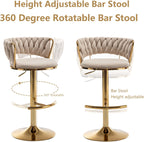 Riknuxi Velvet Bar Stools Set of 3, Counter Height Barstools with Low Back, Gold Swivel Bar Stool for Kitchen Island, Pub (Beige)
