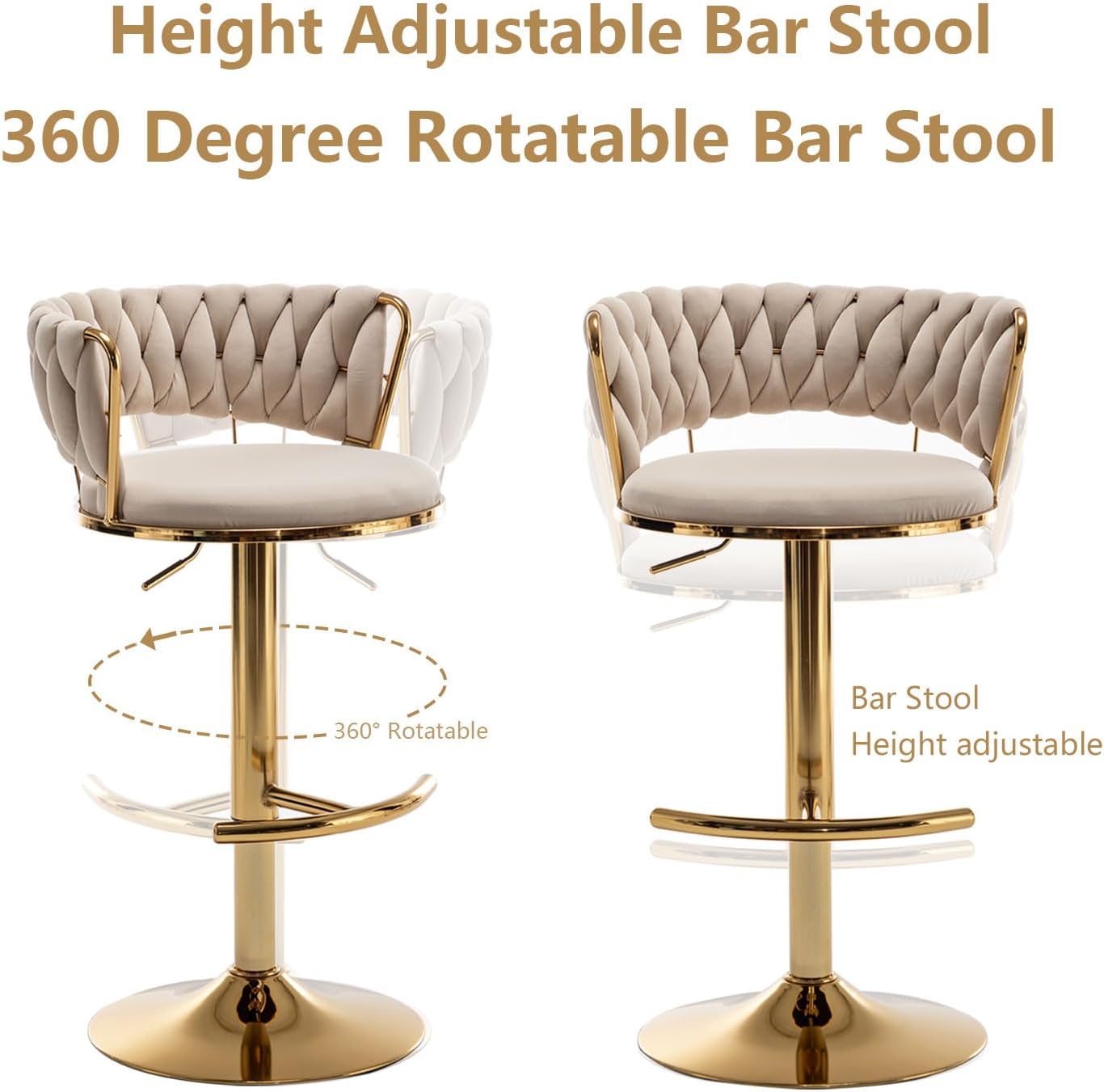 Riknuxi Velvet Bar Stools Set of 3, Counter Height Barstools with Low Back, Gold Swivel Bar Stool for Kitchen Island, Pub (Beige)