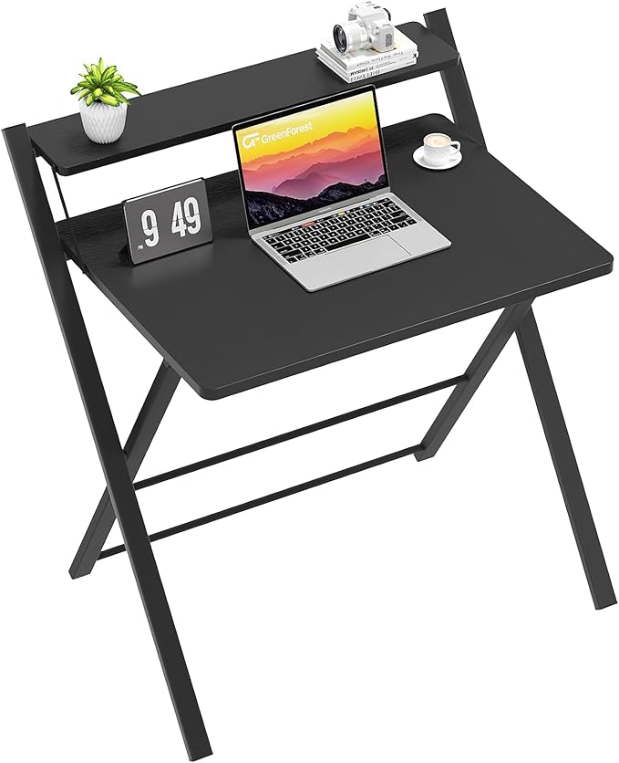 GreenForest No Assembly Folding Desk, 2-Tier Compact Computer Desk with Shelf, 30 inch Space Saving Foldable Table for Home Office, Dorm or Apartment, Portable Collapsible Sturdy Laptop Desk, Black