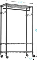 IZEUK Heavy Duty Rolling Garment Rack with 3 Adjustable Wire Shelves, Hanging Rod & Side Hooks - Mobile Clothes Rack with Wheels, 29.5" W x 15.7" D x 75" H, Black