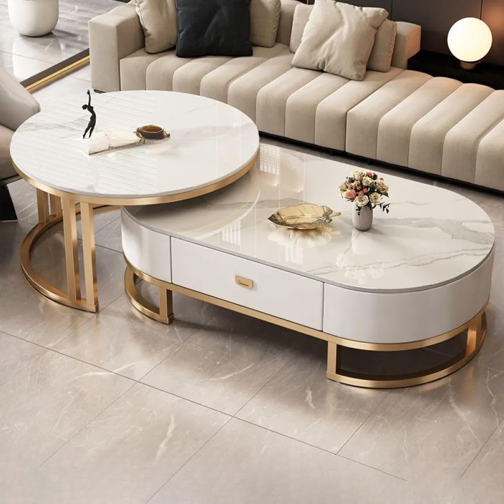 LAKIQ Oval Stone Nesting Coffee Table Set of 2 Living Room Center Table with ...