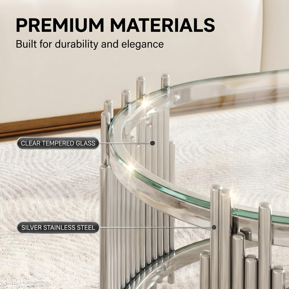 Coffee Table Set, 2-Piece Oval Glass Nesting Tables, Polished Chrome | Rhythm...