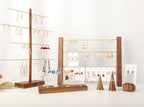 GemeShou 3 Tiers Walnut Earring display stands for selling, Wooden Jewelry Shelf, Earring Storage Organizer, Brass earring holders with 42 holes for stud Dangle Hoop【Walnut 3-Tier Height 9.45"】