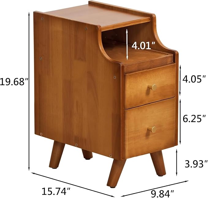 Narrow Nightstand, Slim Nightstand, Solid Wood Night Stand, Narrow Side Table for Living Room, Small Spaces, Couch, Walnut Color 9.84in Wide