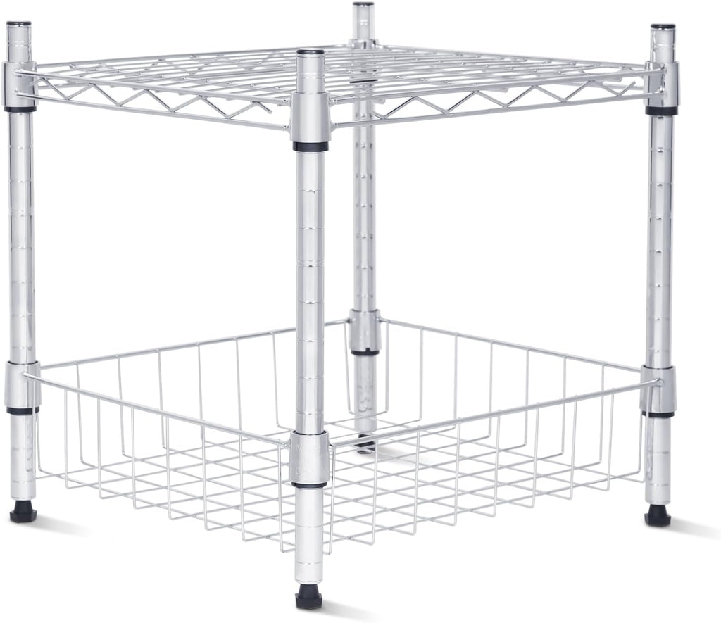 Whitmor 2 Tier Metal Storage Shelves, Heavy Duty Shelf with Basket, 350 lbs Capacity per Shelf, 700 lbs Total, Home Organizer for Kitchen, Garage, Bathroom, 15" L x 14" W x 15" H, Chrome