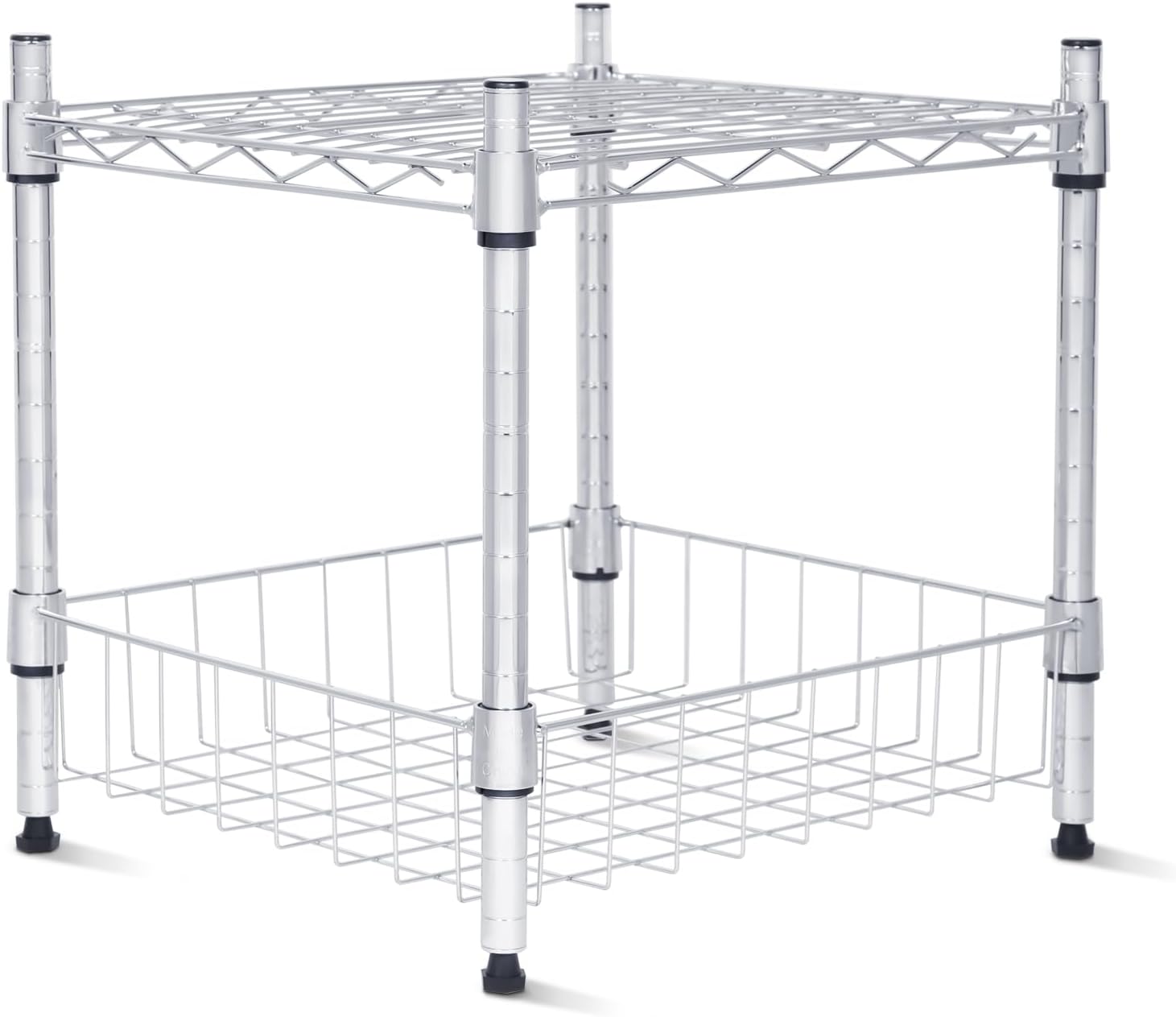 Whitmor 2 Tier Metal Storage Shelves, Heavy Duty Shelf with Basket, 350 lbs Capacity per Shelf, 700 lbs Total, Home Organizer for Kitchen, Garage, Bathroom, 15" L x 14" W x 15" H, Chrome