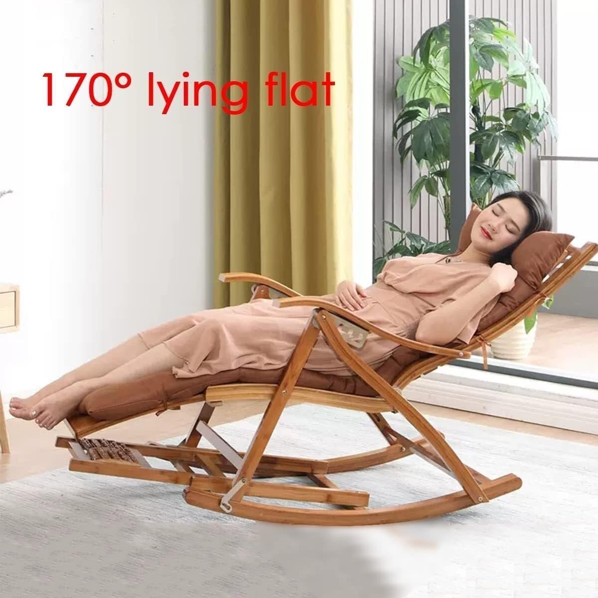 Wood Recliner Folding Chair with Footrest,Comfy Rocking Armchair with Upholstered,Comfy Glider Rocker(Blue)