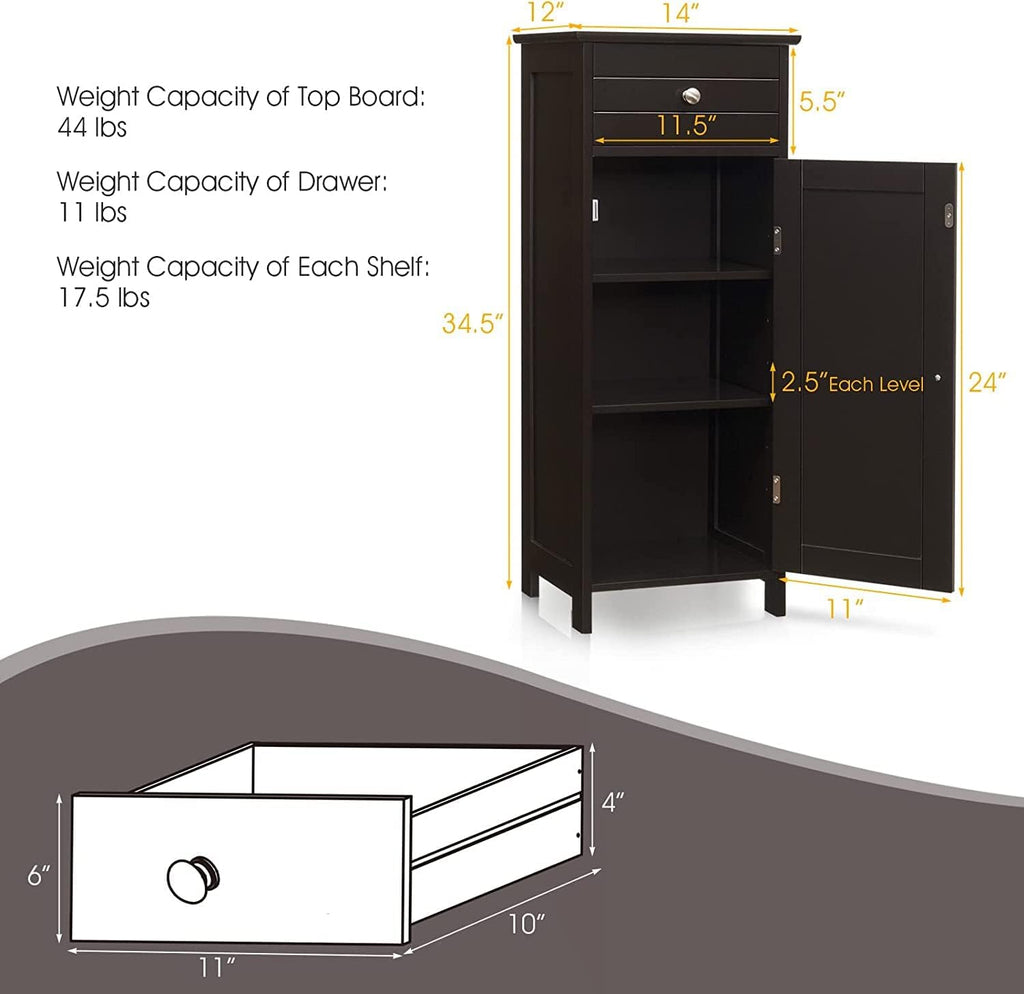 HAPPYGRILL Bathroom Floor Cabinet, Single Door Floor Storage Cabinet Organizer with Drawer and 3-Level Adjustable Shelves, Bathroom Cabinets Freestanding with Anti-Tipping Device for Living Room