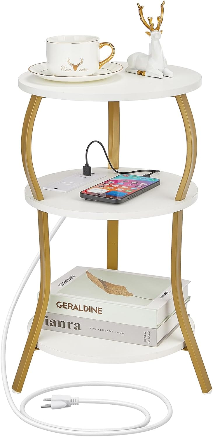 Small Round Side Table with Charging Station, 3-Tier Waist Circular End Table...