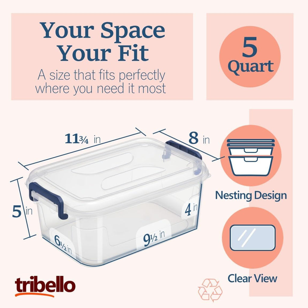 Tribello Plastic Storage Bins with Lids, Clear Stackable Storage Containers - 5 Qt - 3 Pack