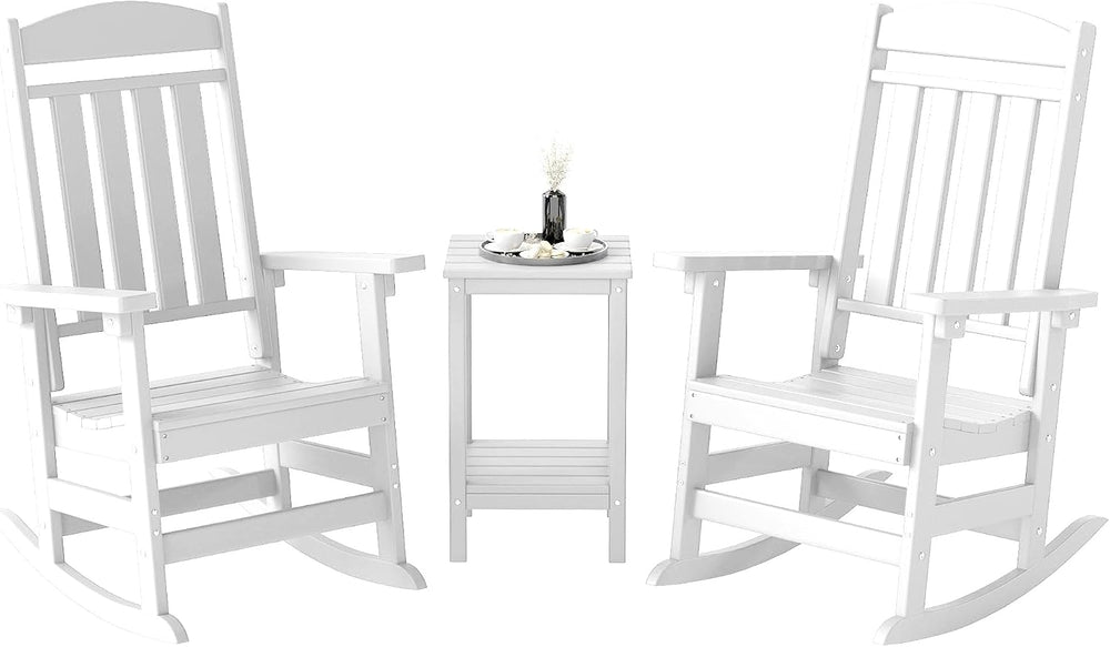 FOOWIN 3-Piece Outdoor Rocking Chairs Set, High Back Patio Rocker with Side T...