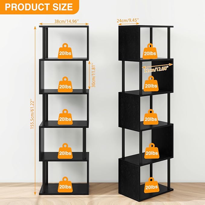 IBUYKE 6-Tier Tall Bookshelf,S-Shaped Geometric Bookcase, Wood Display Shelve...