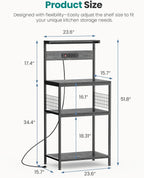 OLIXIS Standing Bakers Rack with Power Outlet, 23.6 Inch Microwave Stand | Kitchen Storage Rack, 3 Adjustable Shelves, Coffee Bar Organizer, Small Appliances, Space Saver, Grey