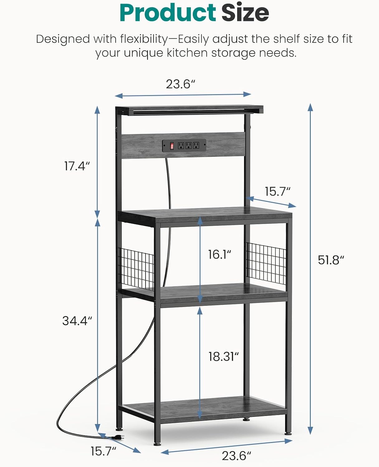 OLIXIS Standing Bakers Rack with Power Outlet, 23.6 Inch Microwave Stand | Kitchen Storage Rack, 3 Adjustable Shelves, Coffee Bar Organizer, Small Appliances, Space Saver, Grey