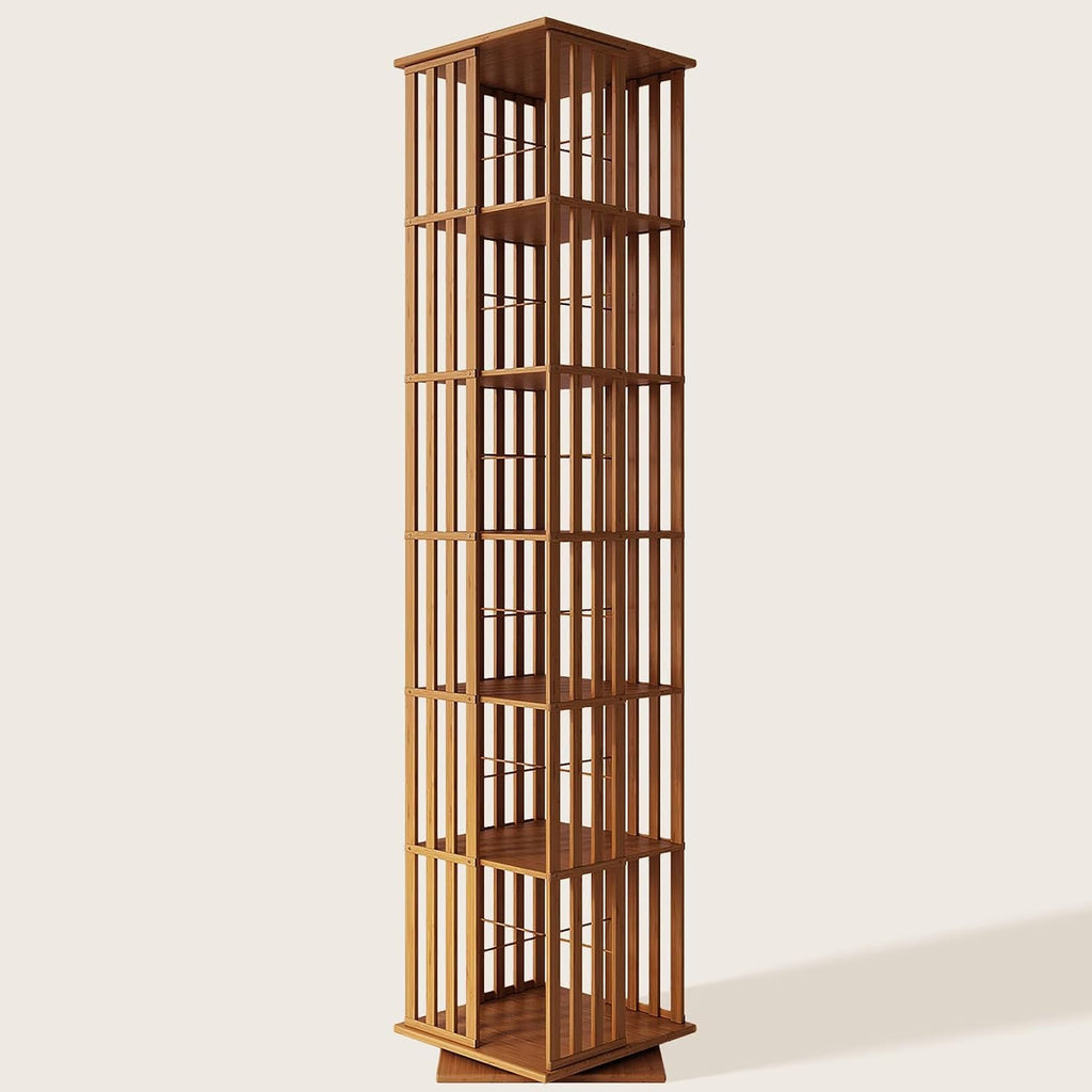 XIMN 360° Rotating Bamboo CD/DVD Shelf - 6-Tier Space-Saving Media Storage Cabinet for Movies, Organizer with Super Compact Design (Walnut, 6 Tier)