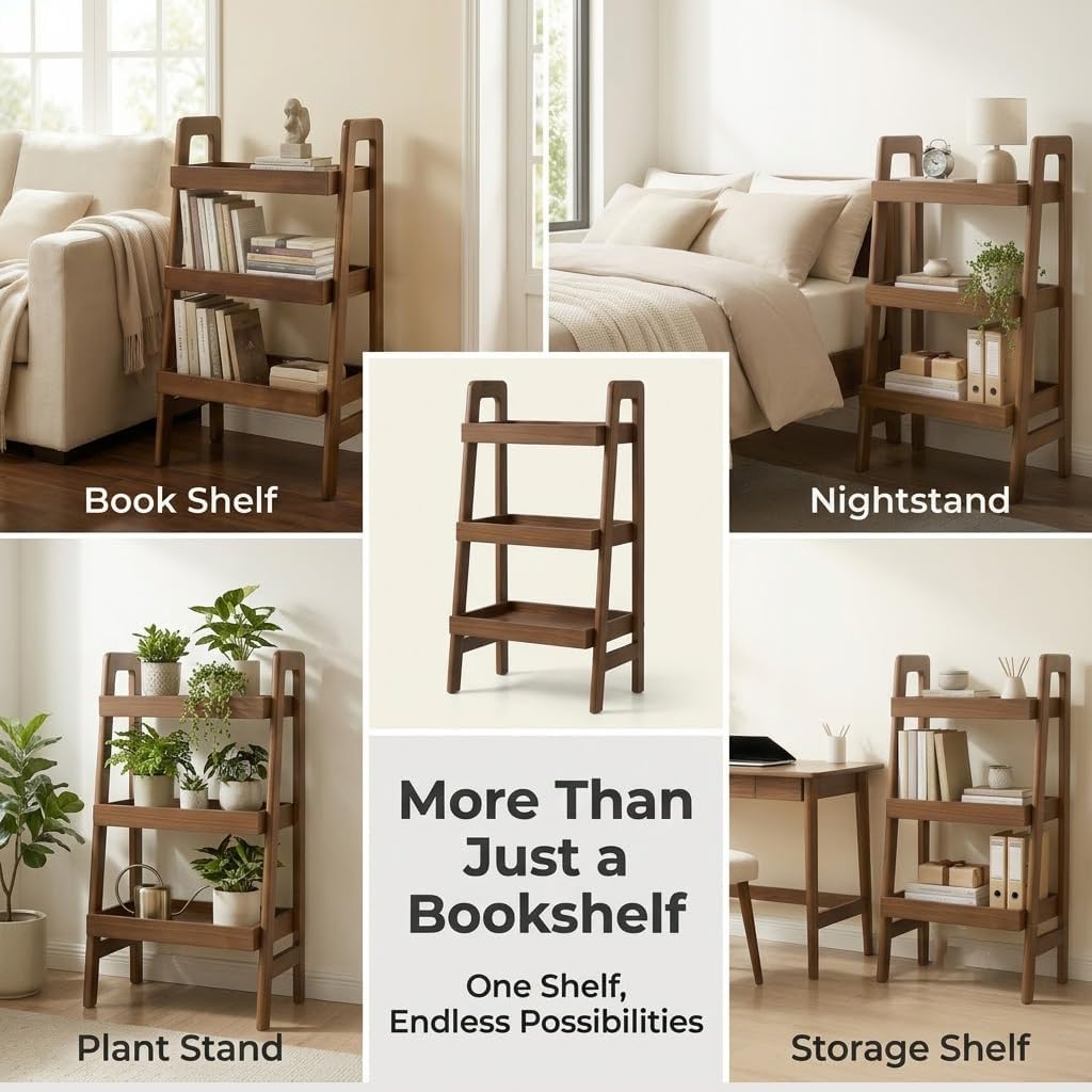 100% Solid Wood 3 Tier Ladder Shelf, Freestanding Small Ladder Bookshelf with Open Storage, Space-Saving Bookcase and Side Table for Living Room, Bedroom, Home Office, Walnut Finish