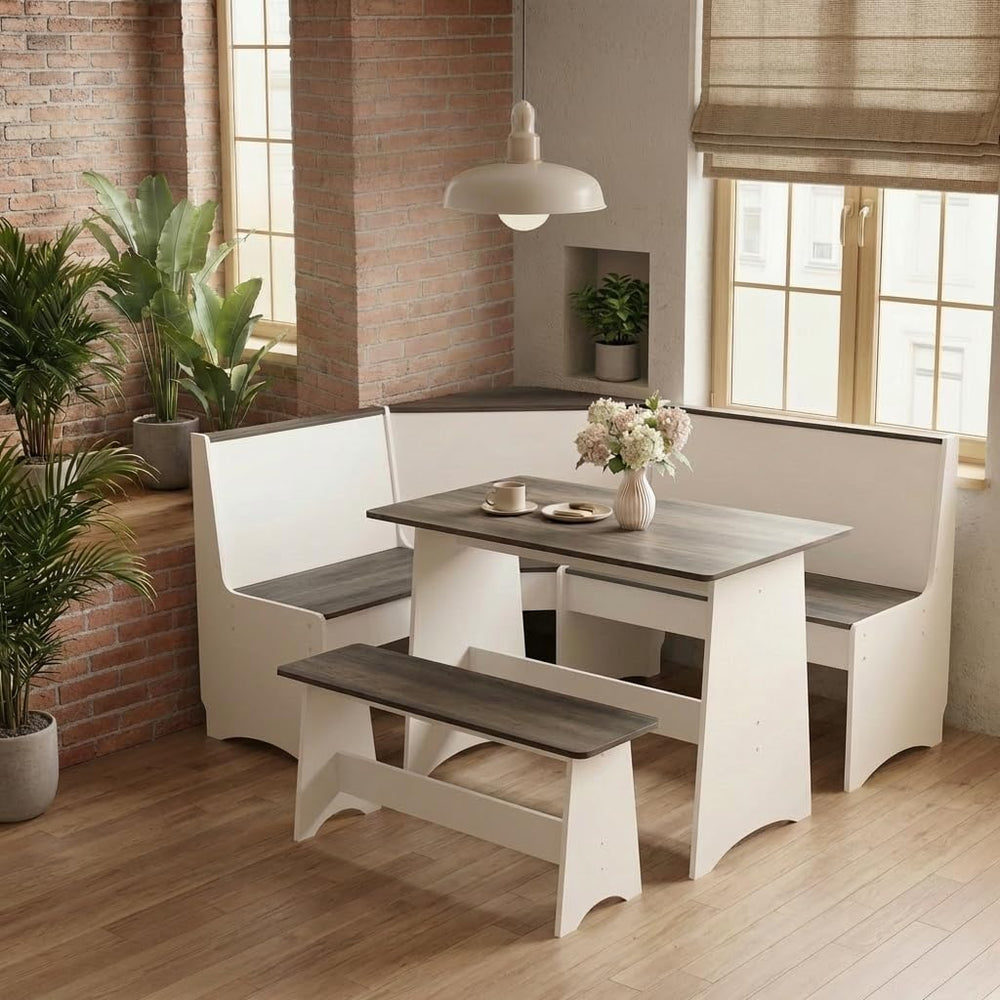 Farmhouse Breakfast Nook Table Set, Dining Nook Set with Corner Bench,with St...