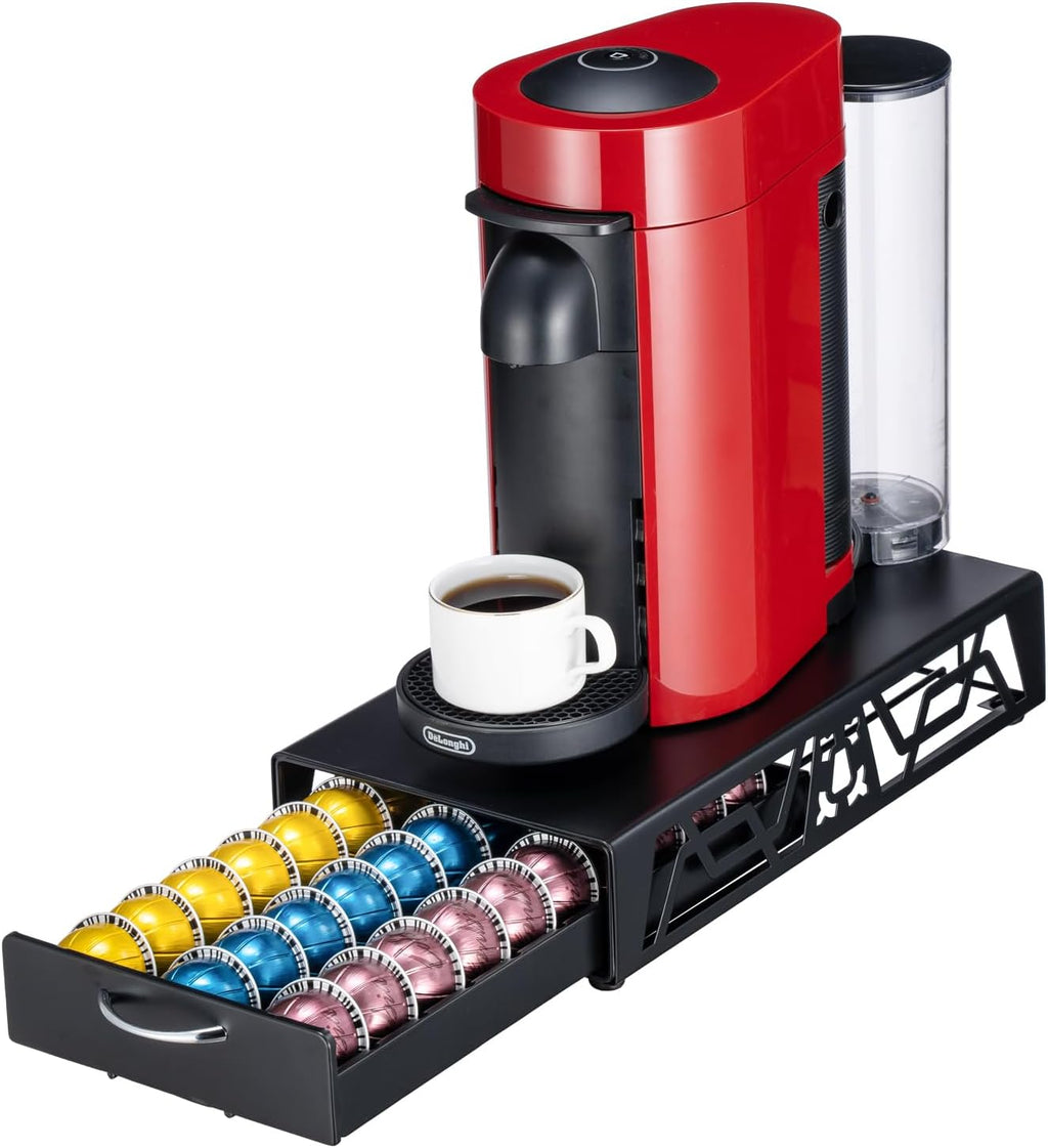 FlagShip Vertuo Pod Drawer Modern Black Metal Coffee Capsule Organizer & Space-Saving for Nespresso Pod Holder Coffee Machine Stand(30 Vertuo Pods Capacity)