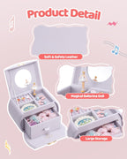 VLANDO 2 Layer Girls Musical Jewelry Box with Ballerina and Large Drawers | Rotating Dancer Plays Canon Melody, Top Dividers Store Rings and Small Treasures, Half-Moon Design, Birthday Christmas Gift