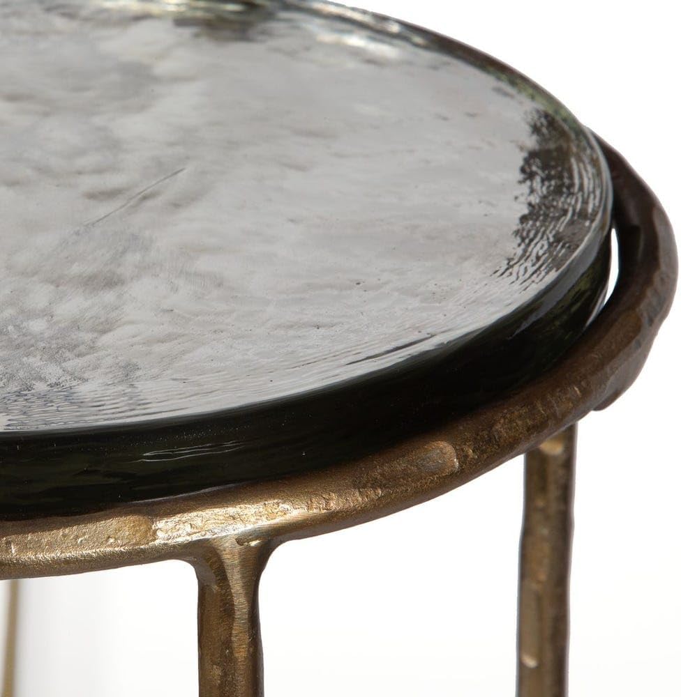 Antique Gold Textured Iron Accent Table with Recycled Glass Top Modern Round ...