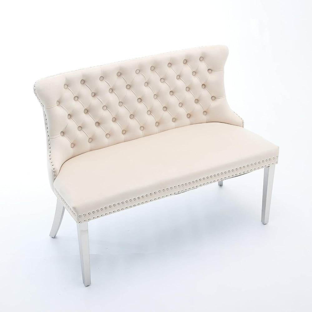 Beige Velvet Dining Bench, Tufted Upholstered Dining Loveseat | Wing Back Sea...