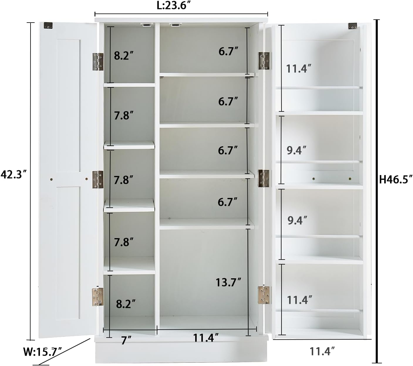 Kitchen Pantry Storage Cabinet with Doors, Freestanding Small Pantry with 5 Adjustable Shelves and 4 Door Racks, Food Storage Organizer for Kitchen Dining Room Craft Room, White`